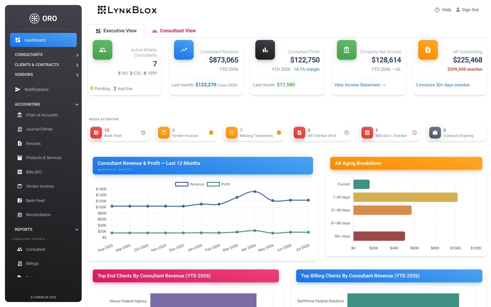 ORO dashboard showing active billable consultants, consultant revenue and profit, company net income, AR outstanding, a needs-attention row, a twelve-month revenue and profit chart, and an AR aging breakdown.